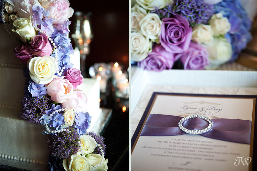 purple wedding flowers on a wedding cake
