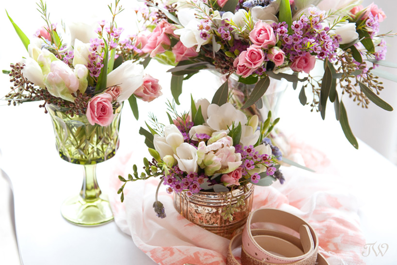 3 spring floral arrangements photographed by Tara Whittaker