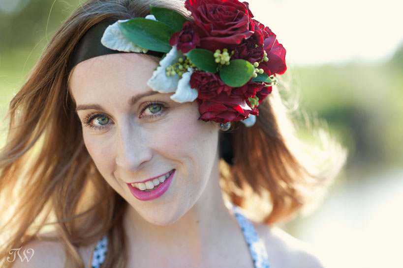 Becky from Velvet & Vino wears a flower crown captured by Tara Whittaker Photography