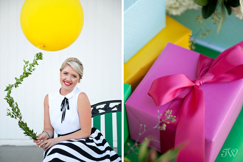 preppy bridesmaid with a yellow balloon captured by Tara Whittaker Photography