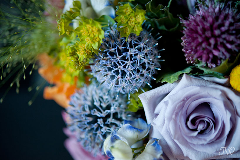 Echinops in a bridal bouquet created by Flowers by Janie, captured by Tara Whittaker Photography