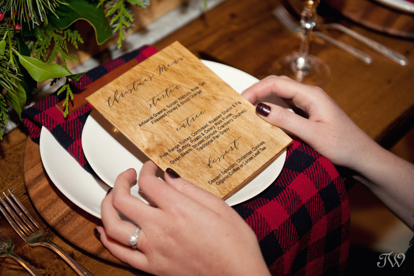 handcrafted wooden menu by Naturally Chic captured by Tara Whittaker Photography