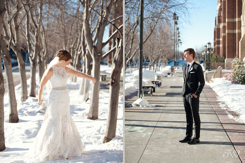 winter bride poses in the snow captured by Tara Whittaker Photography