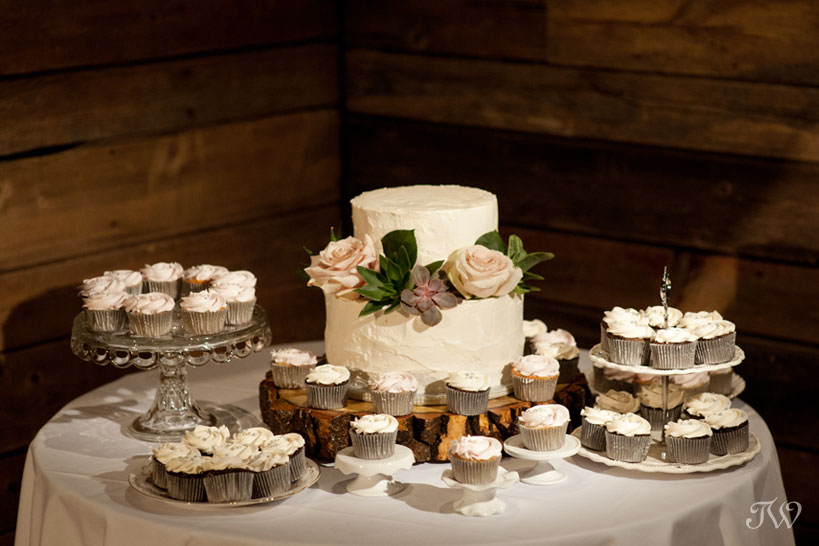 wedding cake and cupcakes at Cornerstone Theatre wedding captured by Tara Whittaker Photography
