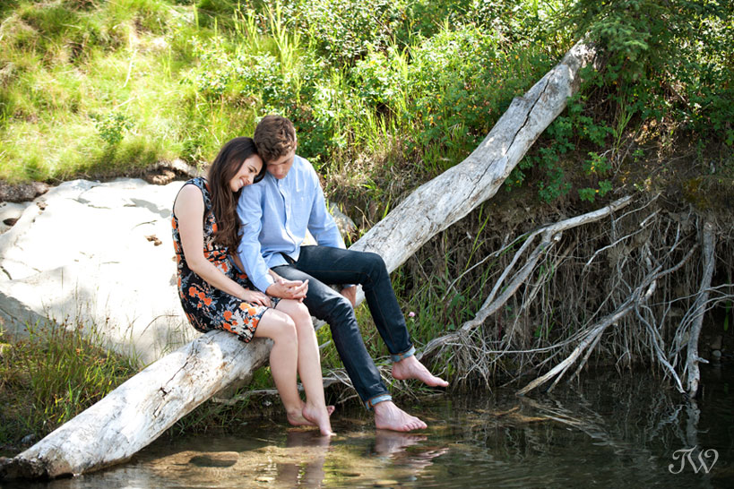 couple snuggle on a log during engagement pictures by Tara Whittaker Photography