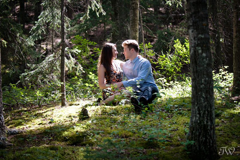 engagement session in the woods captured by Calgary wedding photographer Tara Whittaker