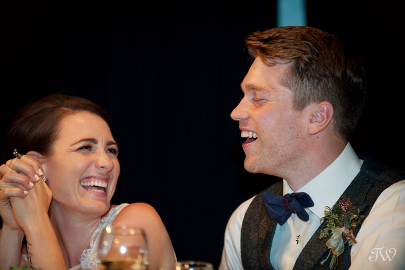 Bride and groom during wedding reception at Cornerstone Theatre in Canmore