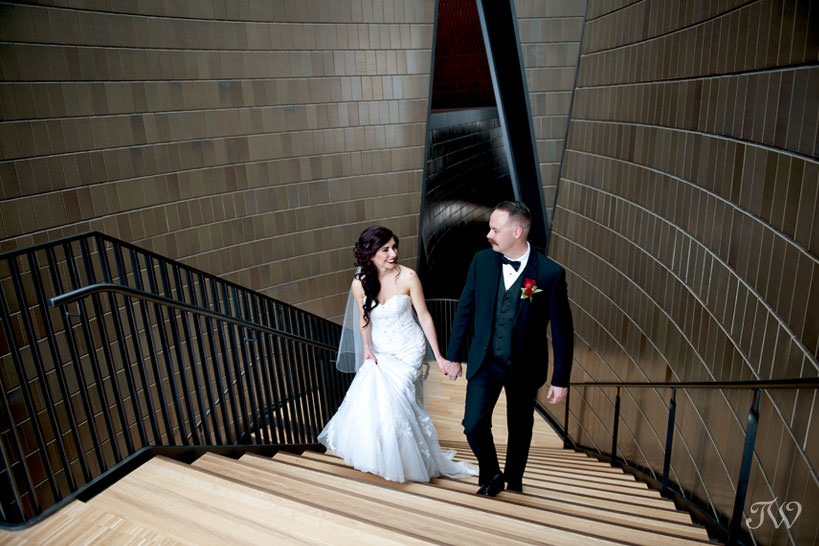bride and groom at the National Music Centre captured by Calgary wedding photographer Tara Whittaker