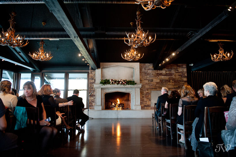 fireplace at a Lake House wedding captured by Calgary wedding photographer Tara Whittaker