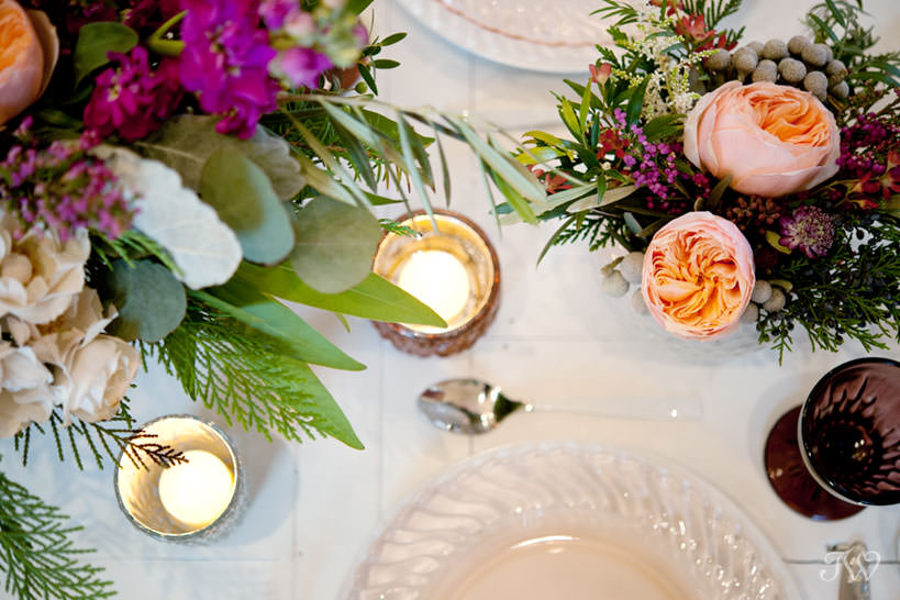 tabletop details in berry tones winter wedding inspiration captured by Tara Whittaker Photography