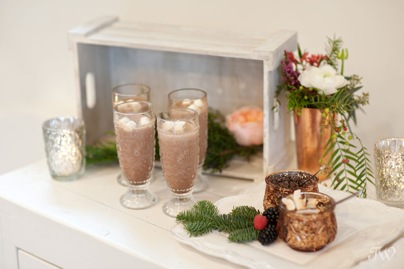 Hot chocolate bar winter wedding inspiration captured by Calgary wedding photographer Tara Whittaker