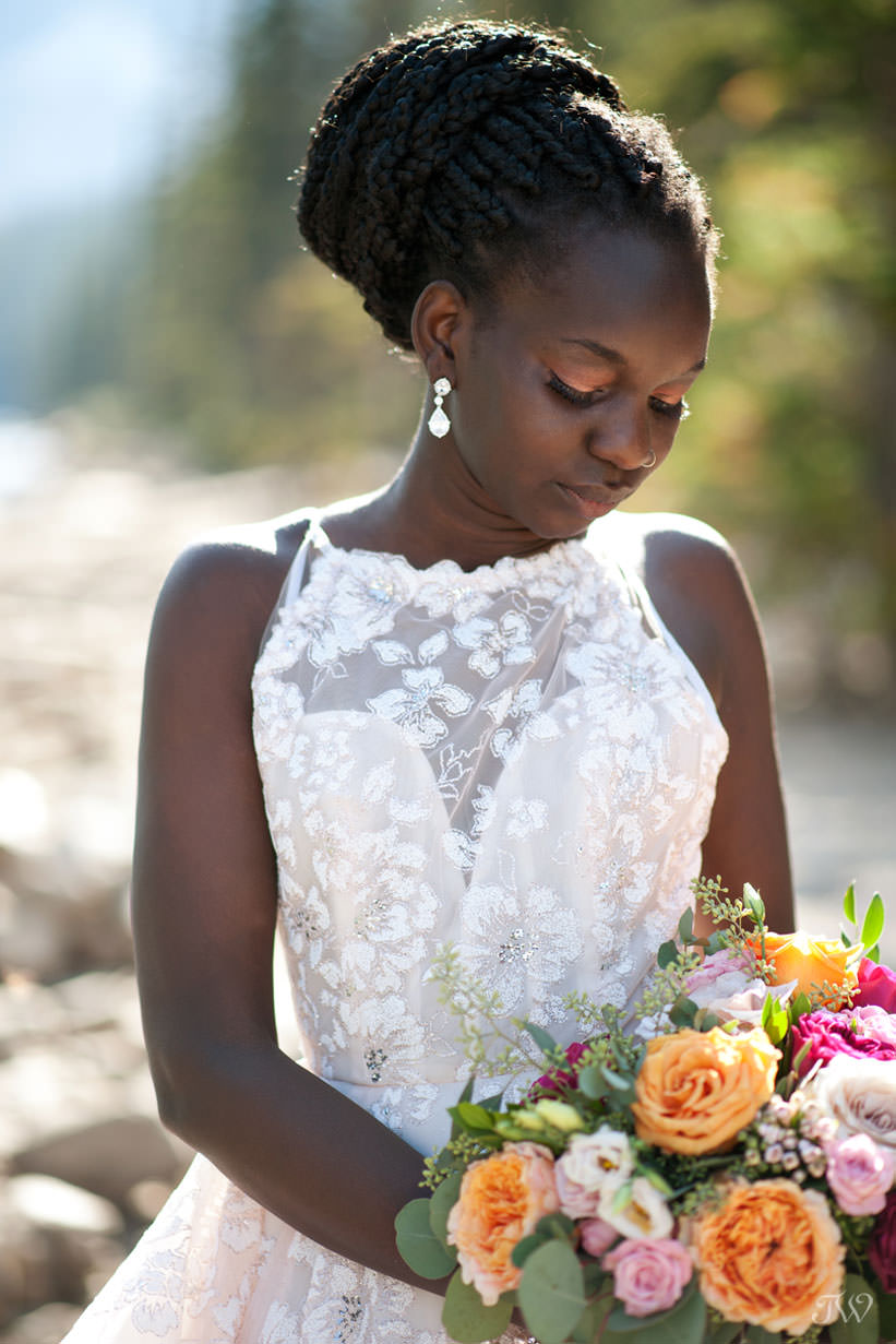 Moraine Lake bride Debol in a blush gown by Hayley Paige captured by Tara Whittaker Photography