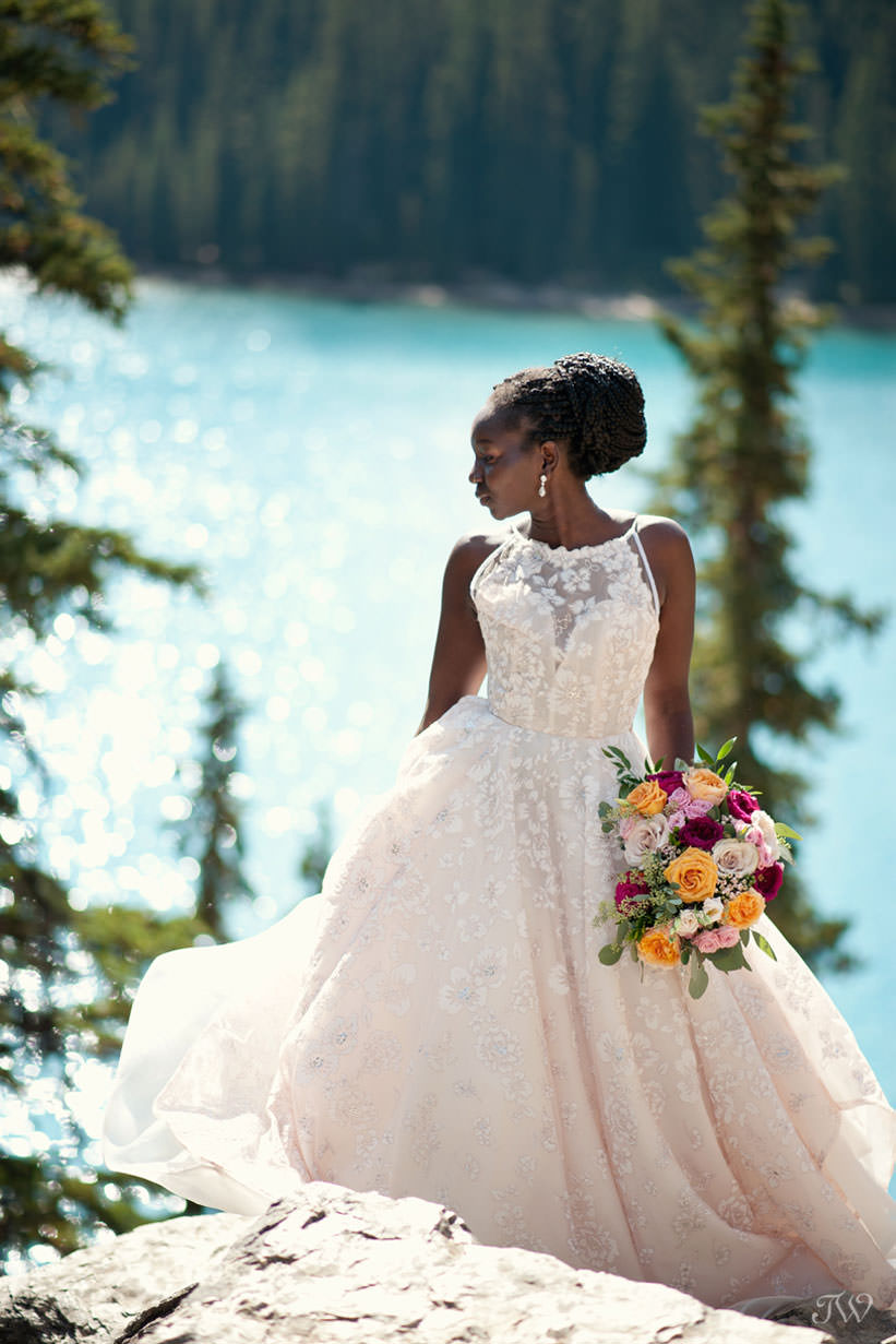Moraine Lake bride in a blush gown from Hayley Paige captured by Tara Whittaker Photography
