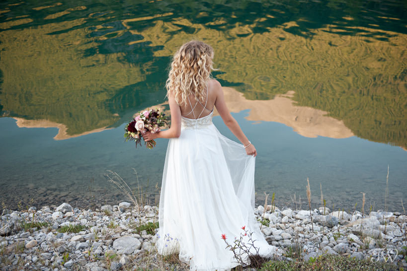 Bride during Canmore wedding photos at Spray Lakes Canals captured by Tara Whittaker Photography
