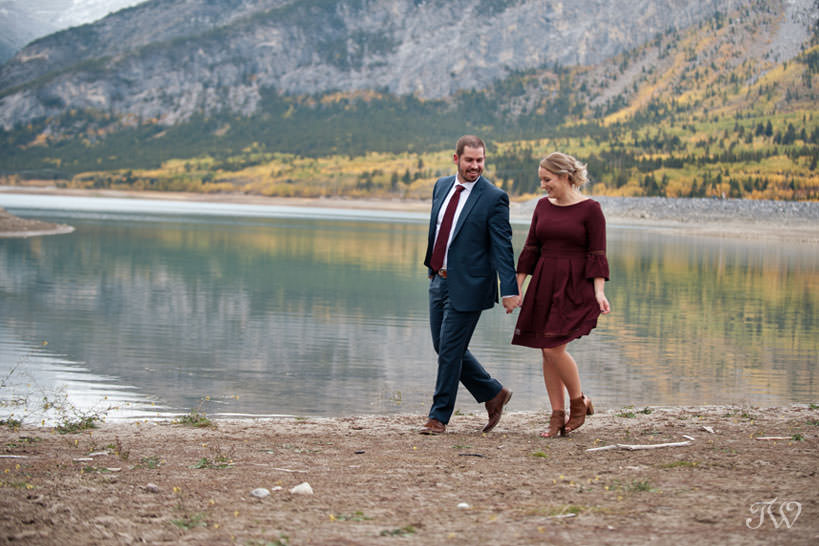 bride and groom during their barrier lake engagement session Tara Whittaker Photography