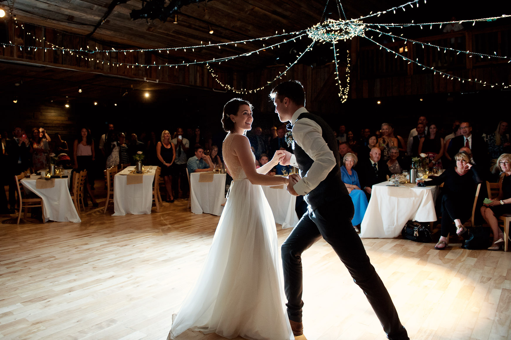 Bride and groom during their first dance at Cornerstone in Canmore