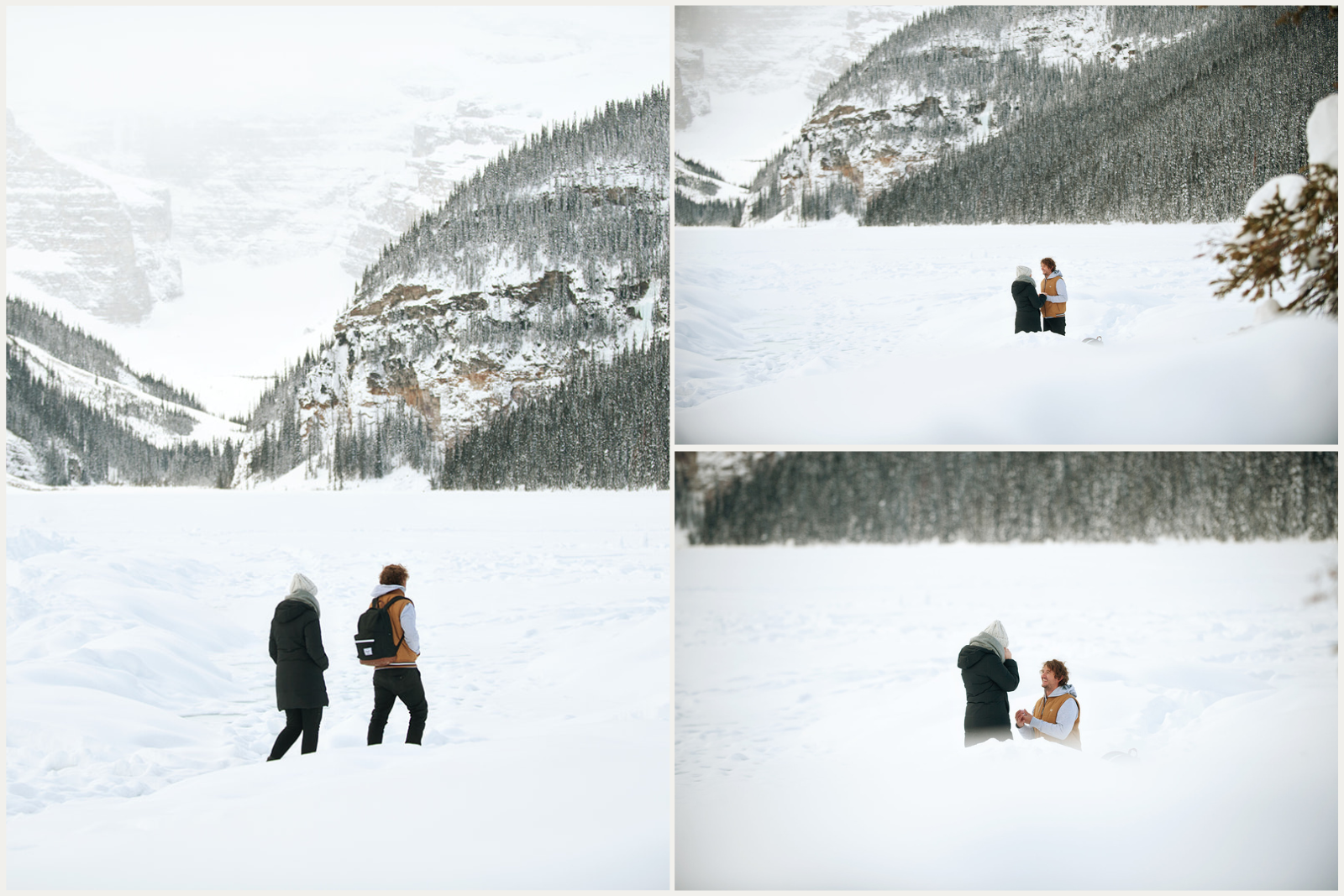 A Lake Louise Proposal of an Australian couple in snowy terrain and large mountain backdrops