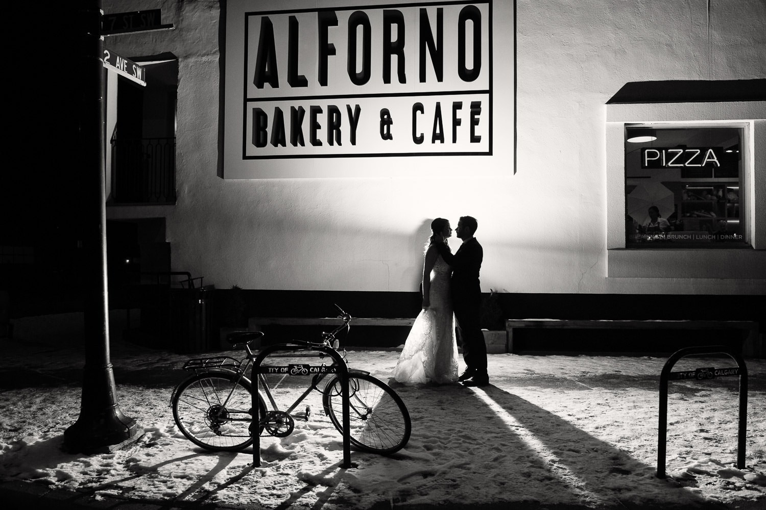 bride and groom outside Alforno, one of Calgary's best wedding venues