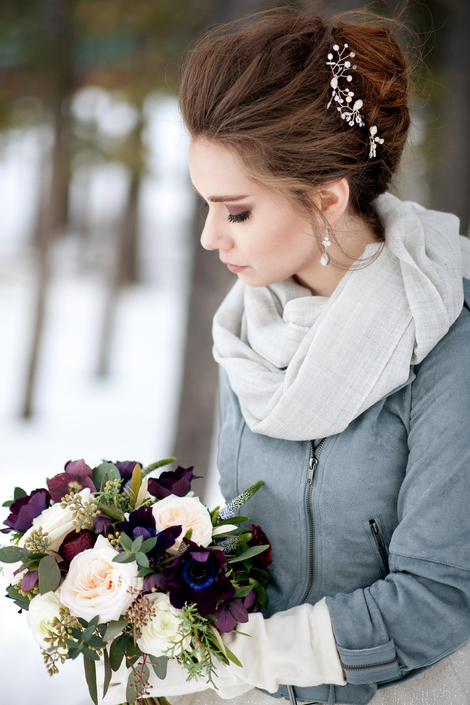 Winter bride wears dove grey jacket and scarf with her gown captured by Tara Whittaker Photography