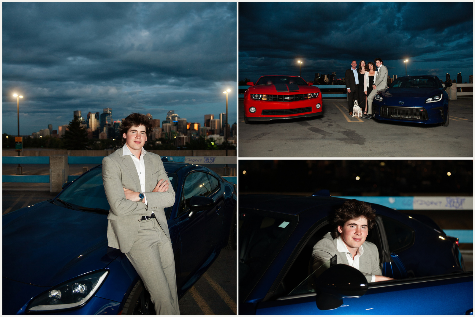 Calgary grad student and family taking graduation photos on rooftop with car captured by Tara Whittaker Photography