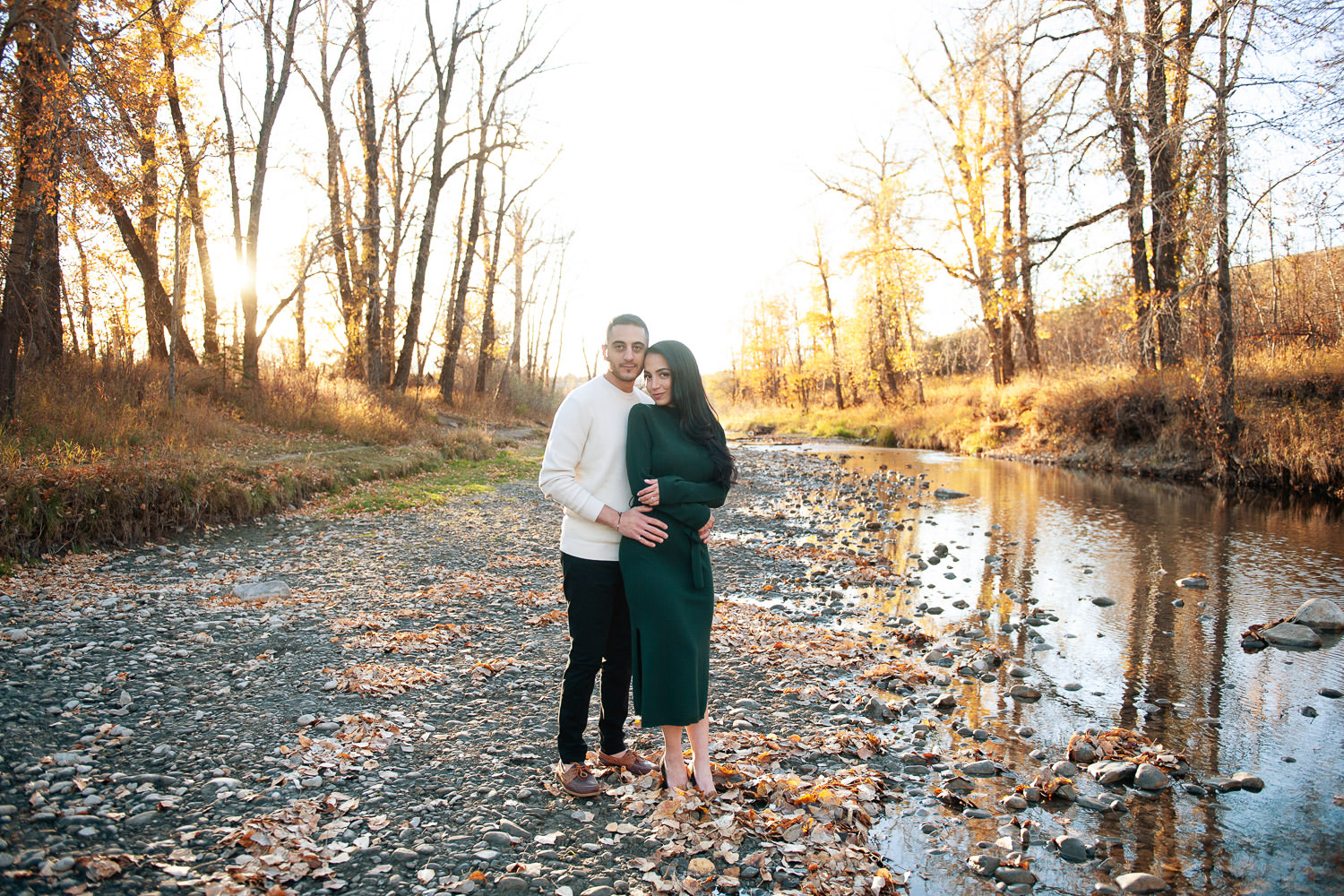 bride and groom during fall engagement session in Fish Creek Park captured by Tara Whittaker Photography