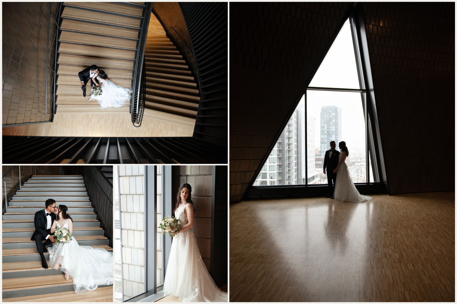 Bride and groom's first look at Studio Bell staircase in downtown Calgary captured by Tara Whittaker Photography