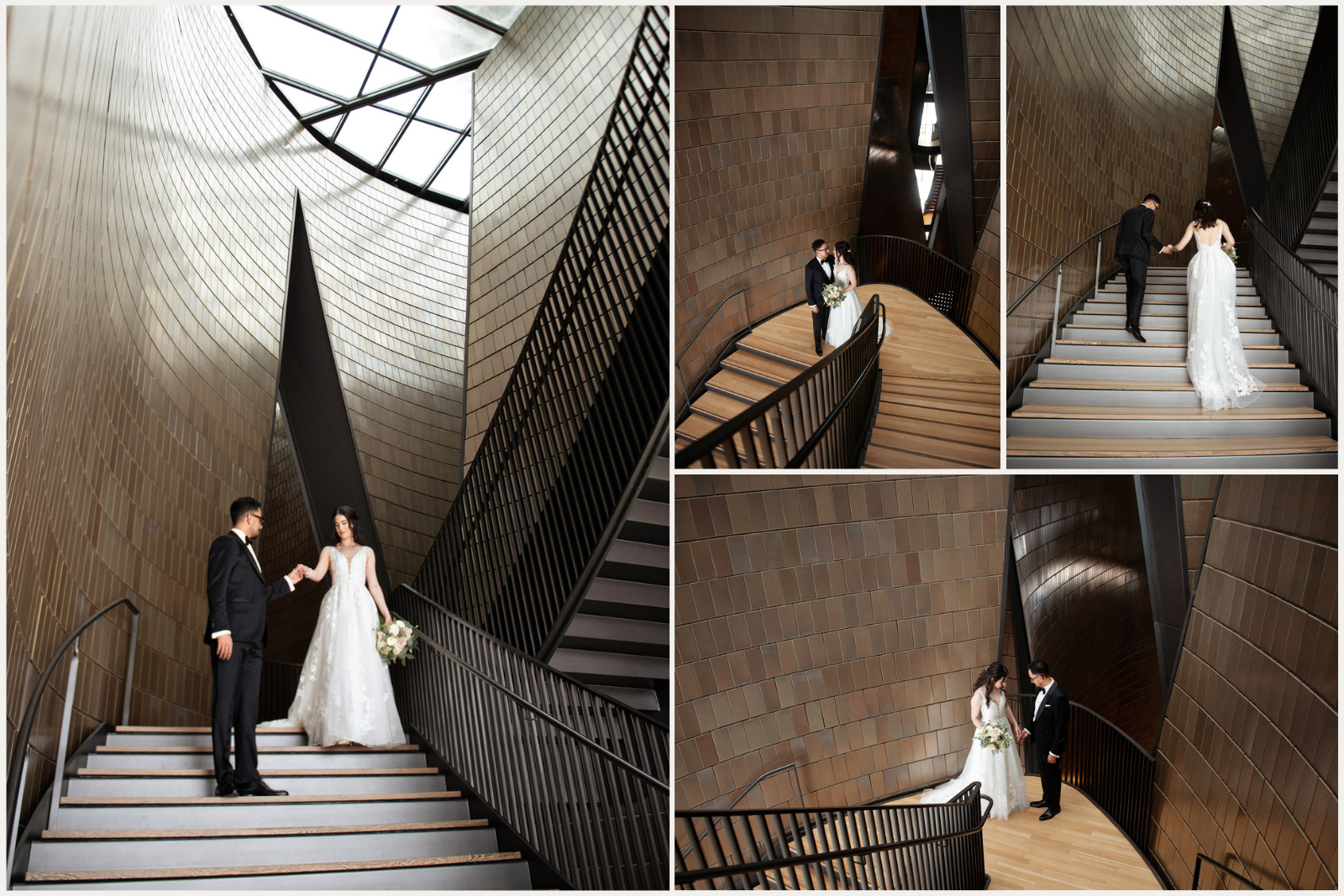Bride and groom's first look at Studio Bell staircase in downtown Calgary captured by Tara Whittaker Photography
