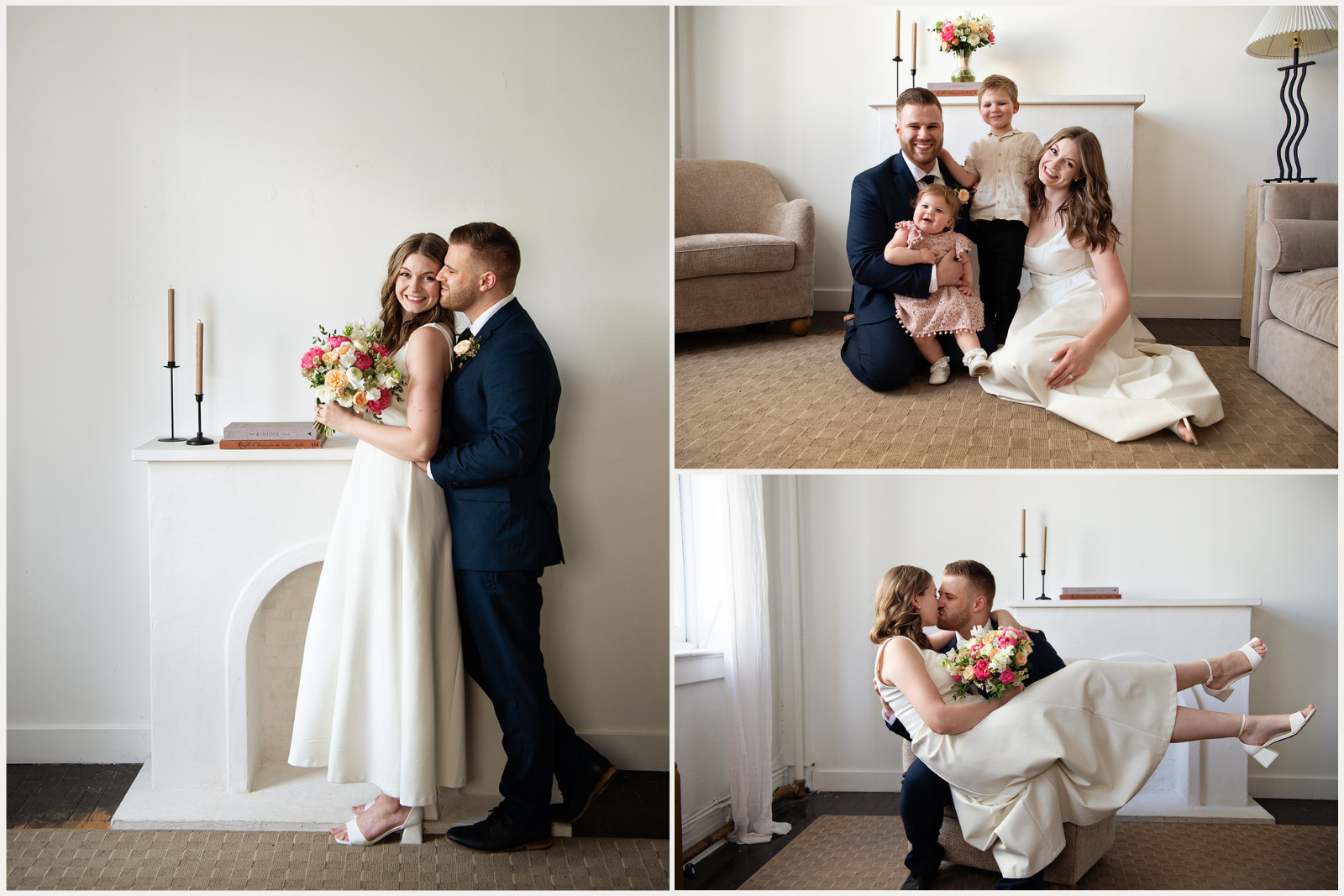 Indoor studio space for engagement photos with minimalistic and modern light coloured furniture
