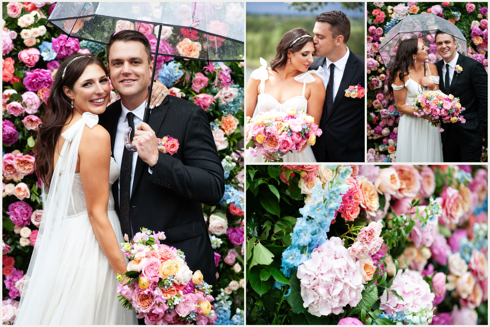 Bride and groom's wedding photos at their surprise backyard wedding in Calgary with colourful flowers
