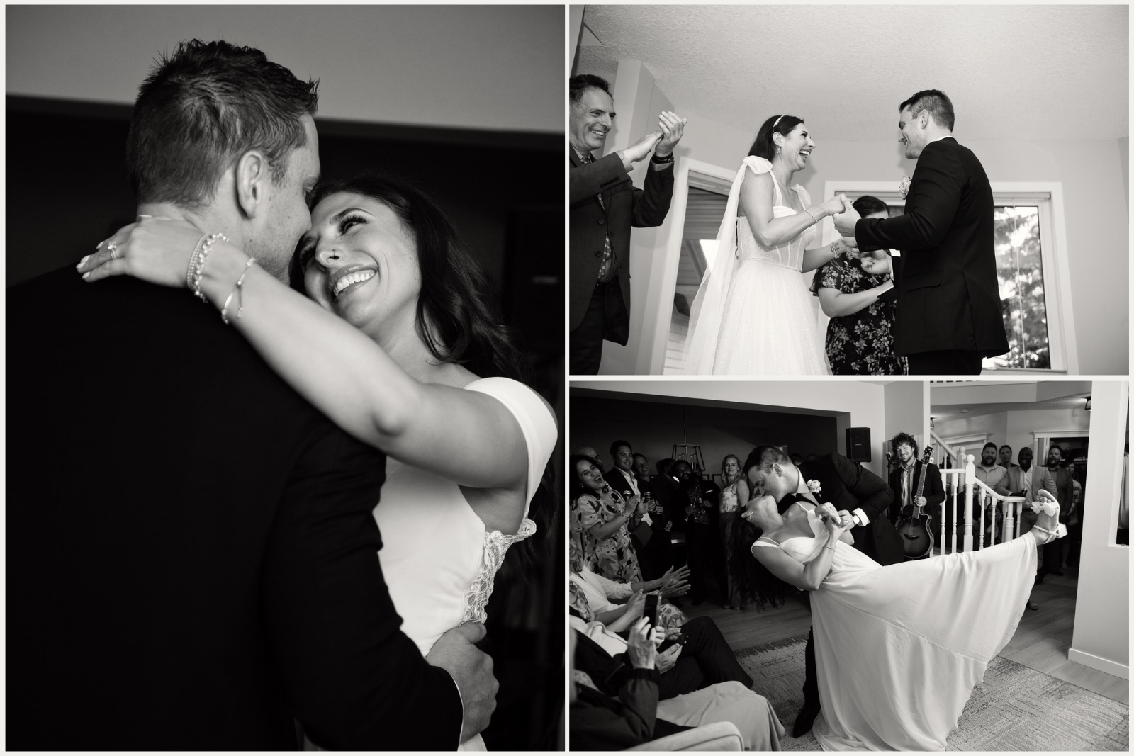 Black and white photos of bride and groom's surprise home wedding captured by Tara Whittaker Photography