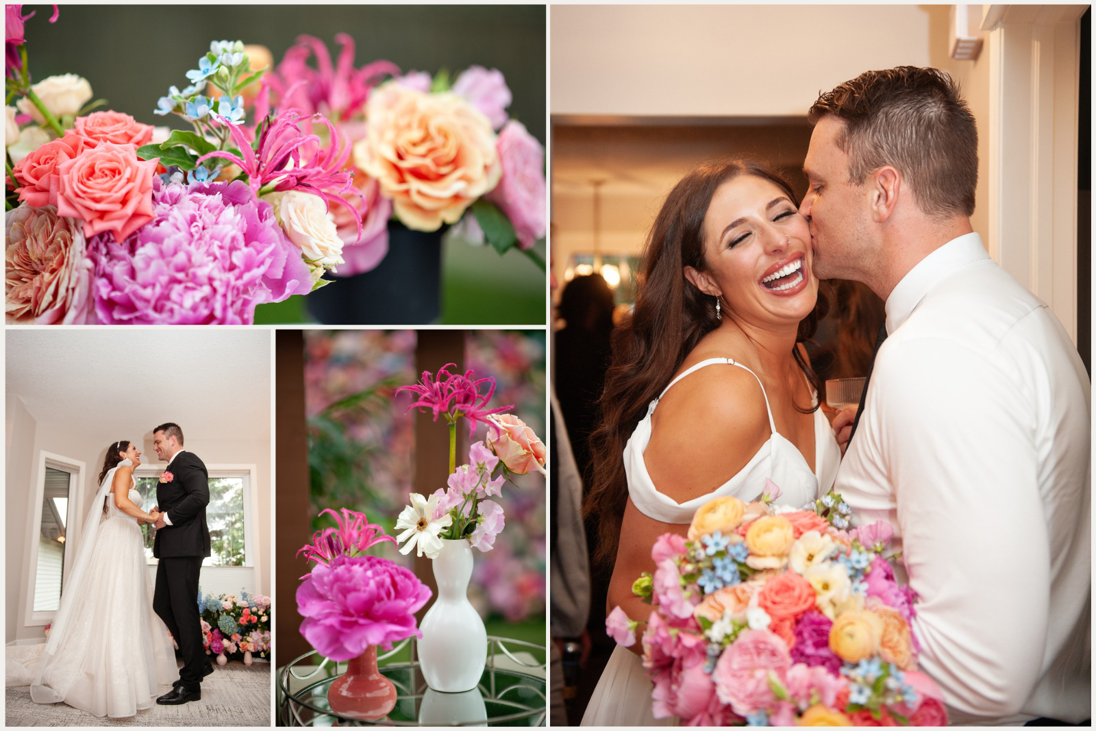 Bride and groom's at home surprise wedding in Calgary with summer coloured flower decor