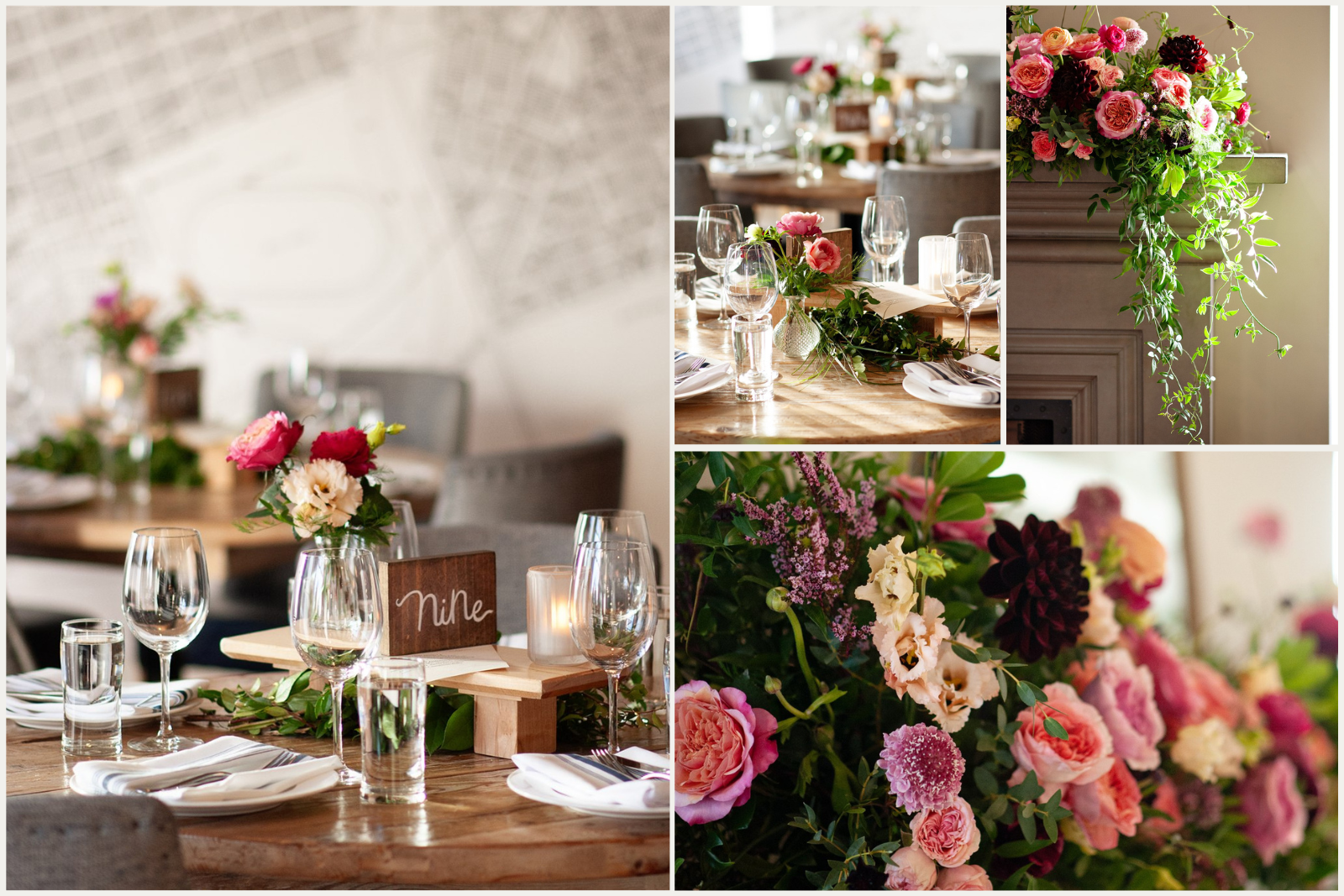 Jewel toned fireplace florals and table bud vases for autumn wedding at The Nash Calgary