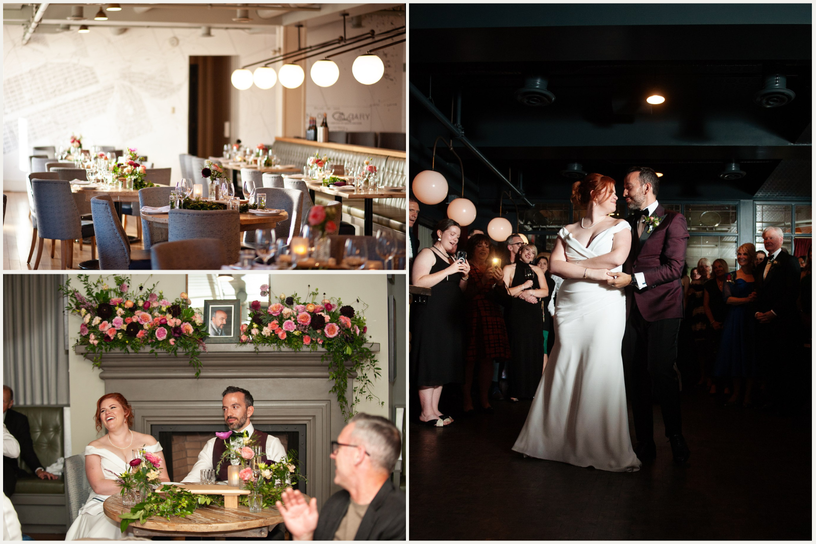 Autumn wedding reception at The Nash in Calgary decorated with jewel toned florals