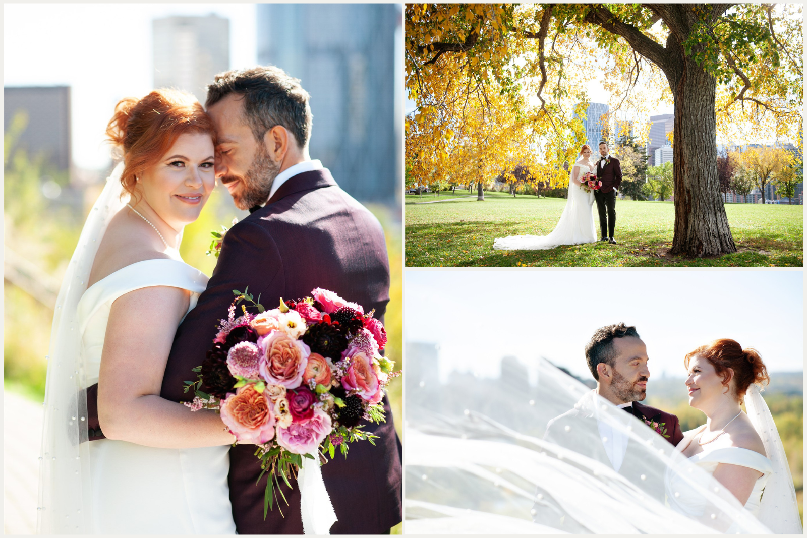 Autumn wedding inspo with bride and groom in Rotary Park Calgary captured by Tara Whittaker Photography