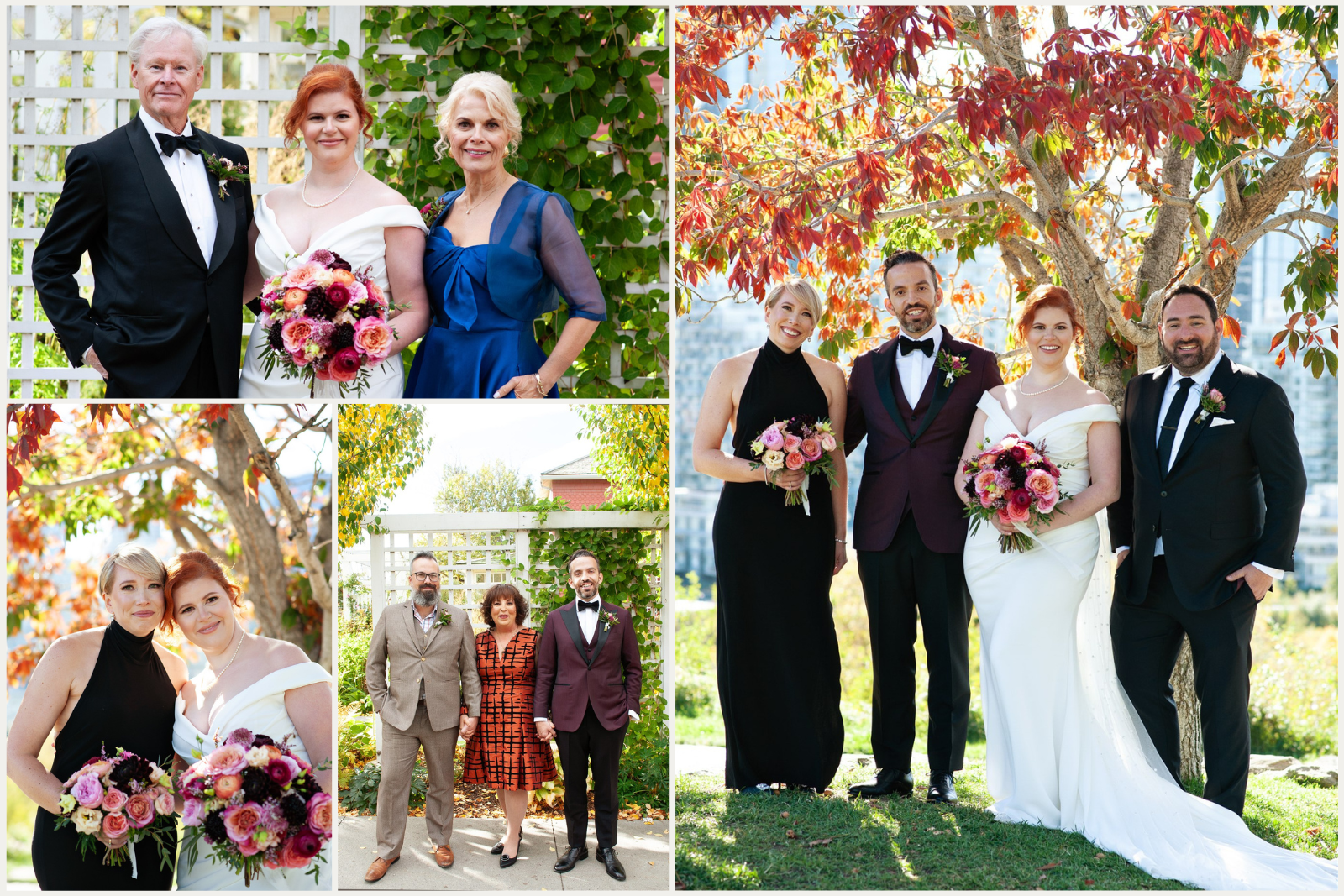 Family photos in Rotary Park and Deane House Garden in Calgary with wedding party in Autumnal hue clothing