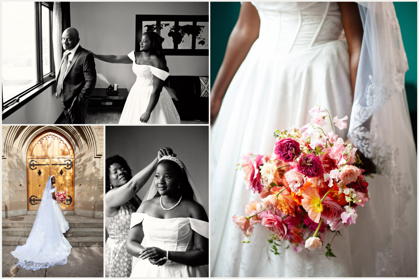 Details of bride getting ready for Christian wedding holding a colourful floral bouquet