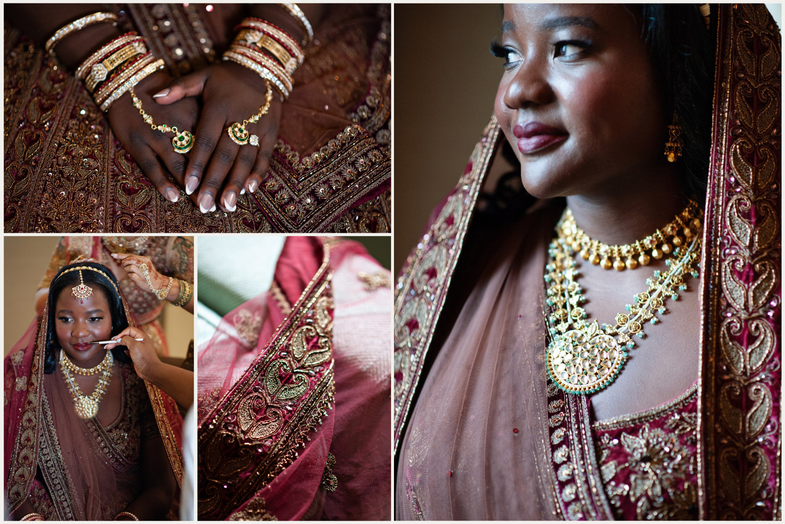 Details of hindu bride's clothing, jewelry, and makeup getting done.