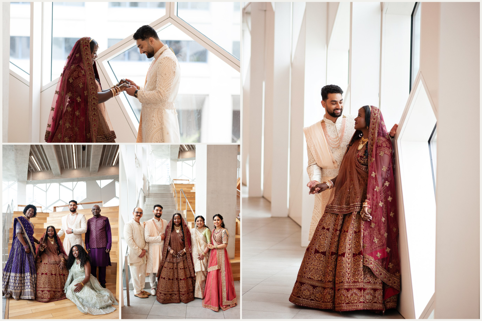 Hindu Bride and groom's first look at Central Library downtown Calgary with family members