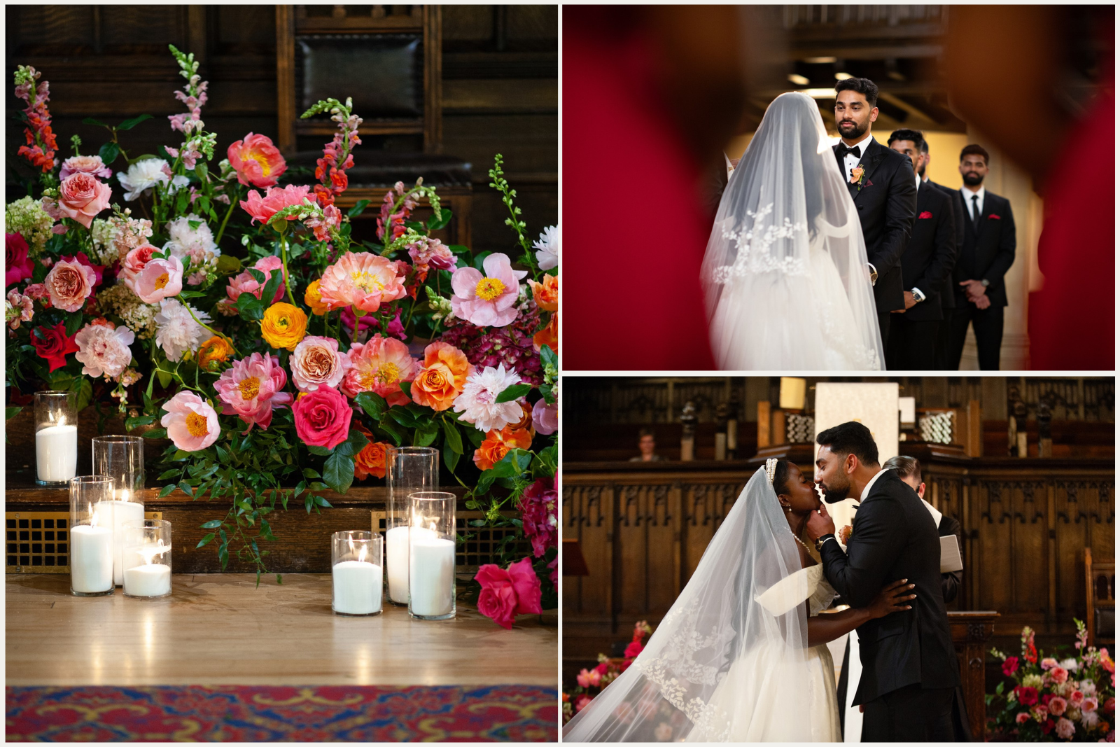 Christian wedding ceremony at Knox United Church downtown Calgary decorated with bright summer flowers