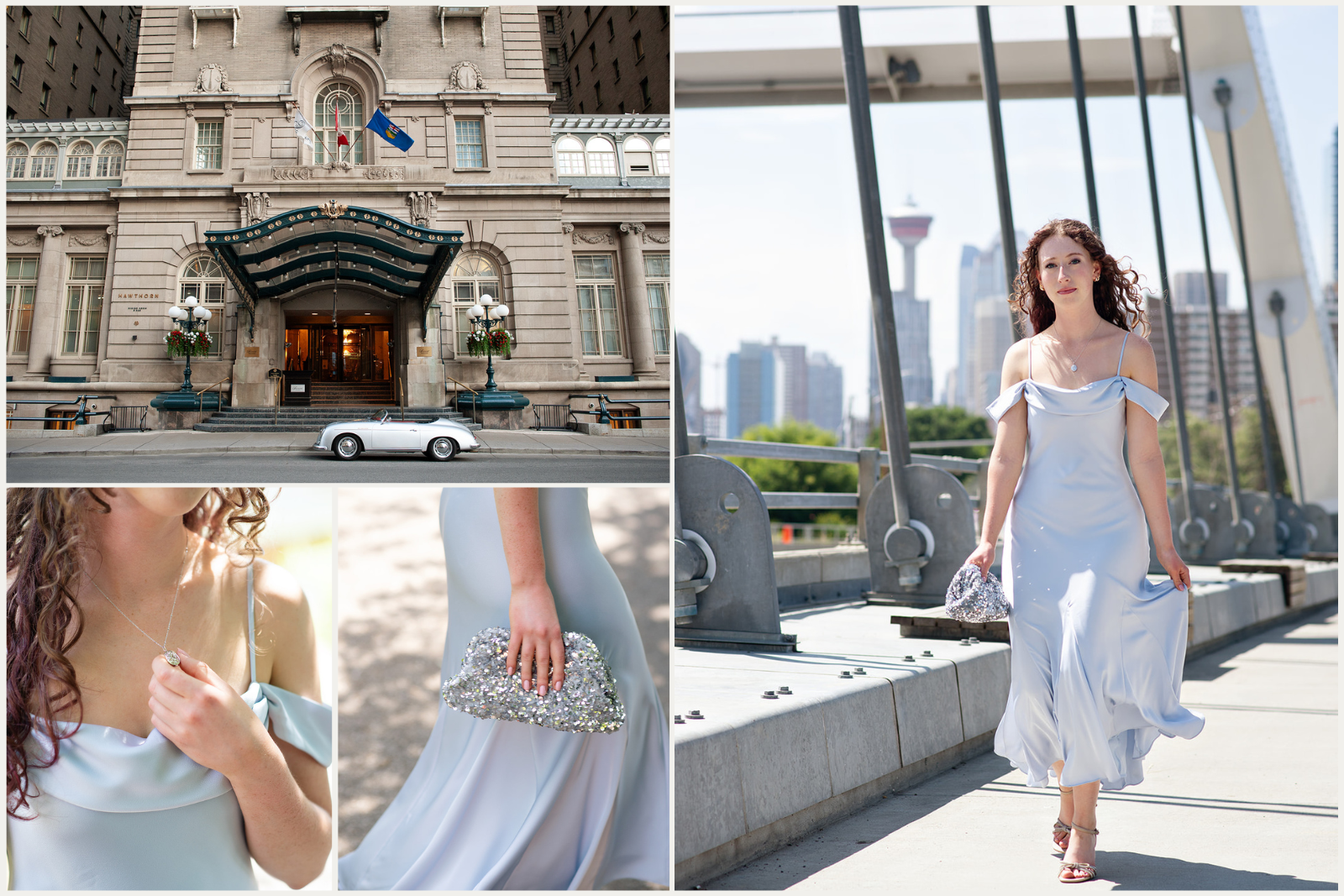 Formal wedding guest at Fairmont Palliser wearing light blue elegant dress with sparkling handbag