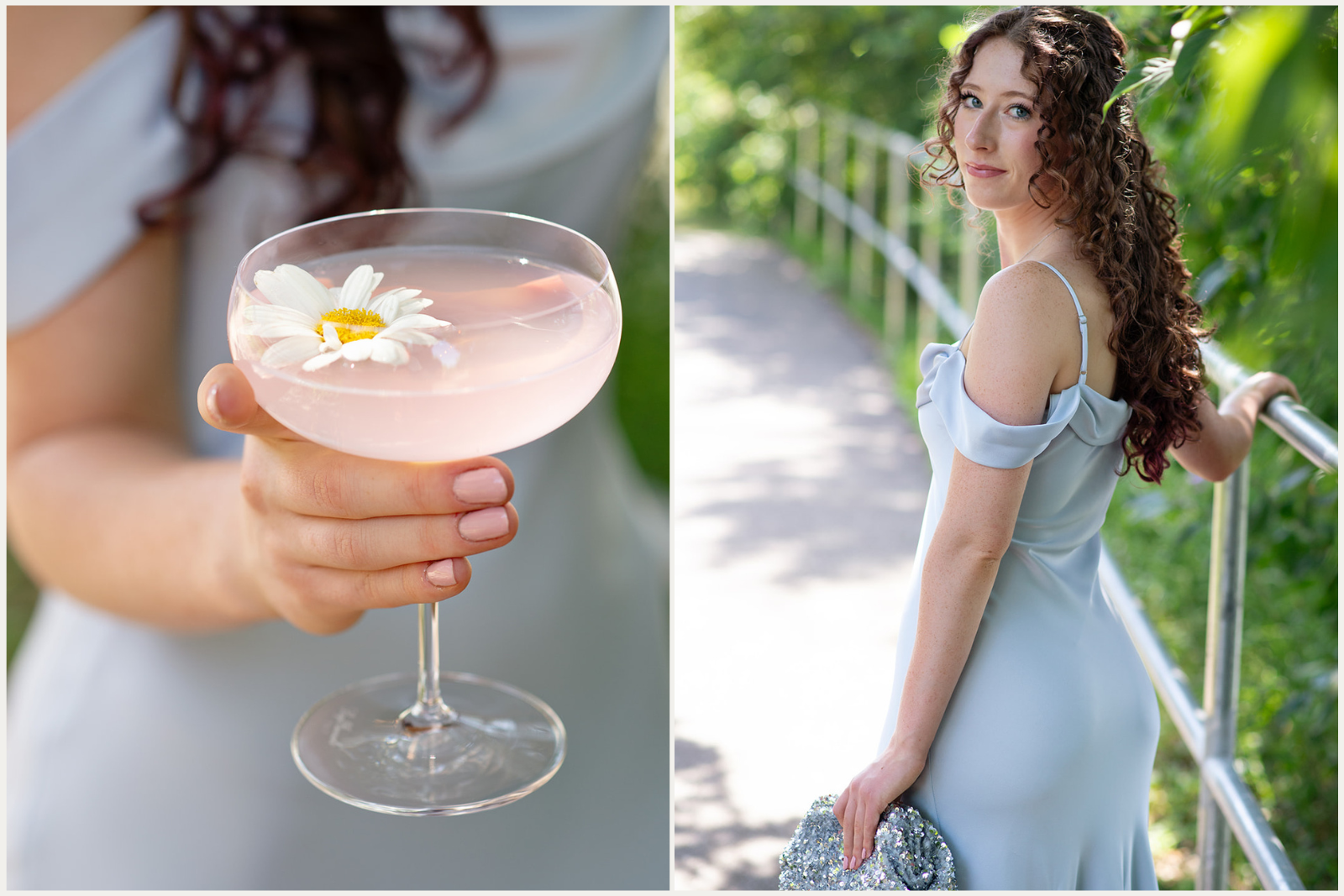 Formal wedding guest wearing elegant blue dress and holding pink drink with a daisy