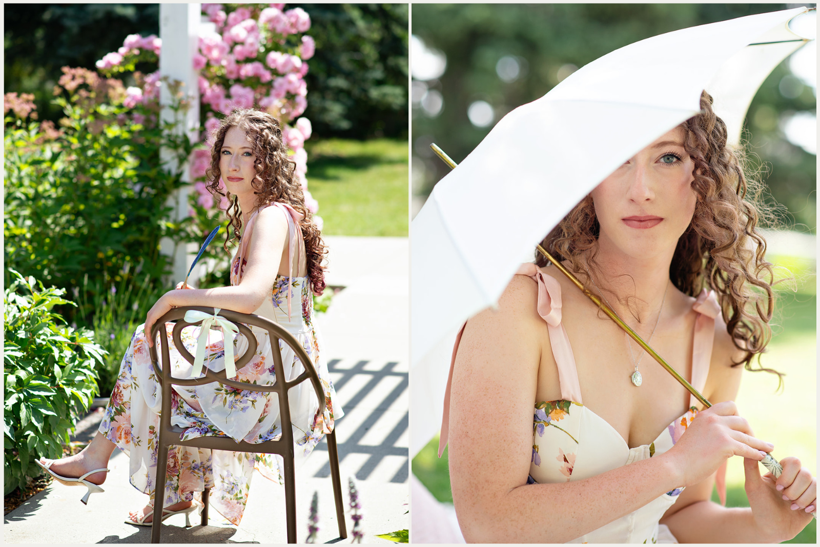 Wedding guest wearing ruffled floral dress holding a white umbrella at Deane House Calgary