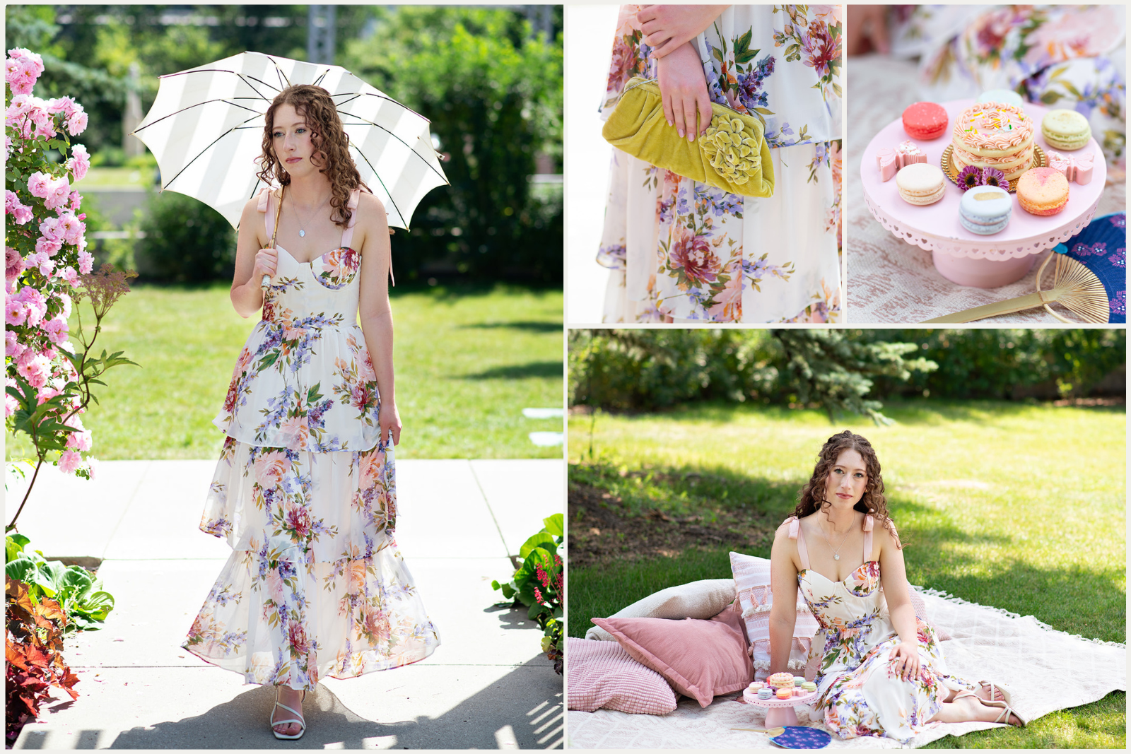 Woman at Deane House garden ceremony wearing ruffled floral dress with vibrant handbag