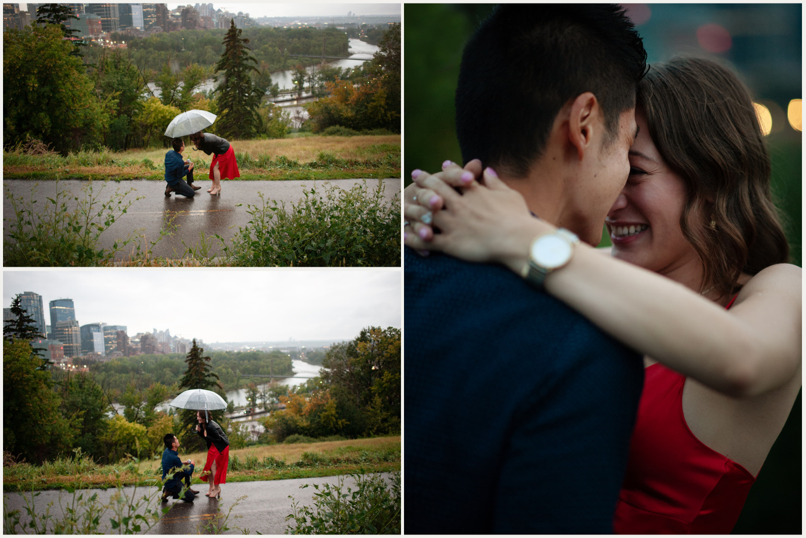 Engagement at Crescent Heights lookout point in Calgary during rainy summer evening