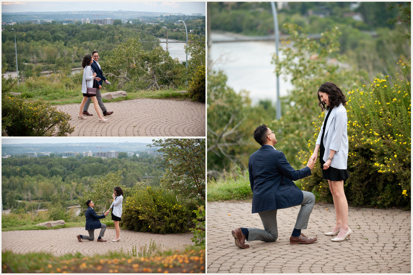 Engagement at Rotary park Calgary with city views and trees in the backdrop