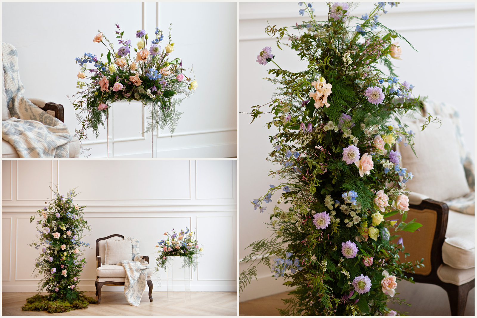 Engagement setup at Studios at Vic Park YYC with floral stands, column, and modern chair