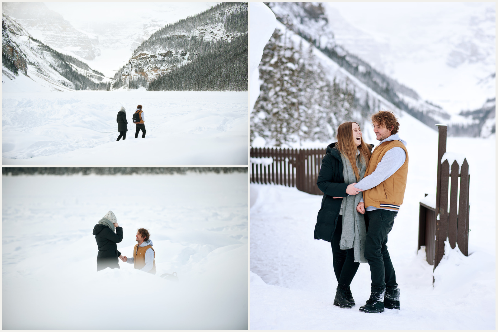 Winter marriage proposal at Lake Louise, captured by Tara Whittaker Photography