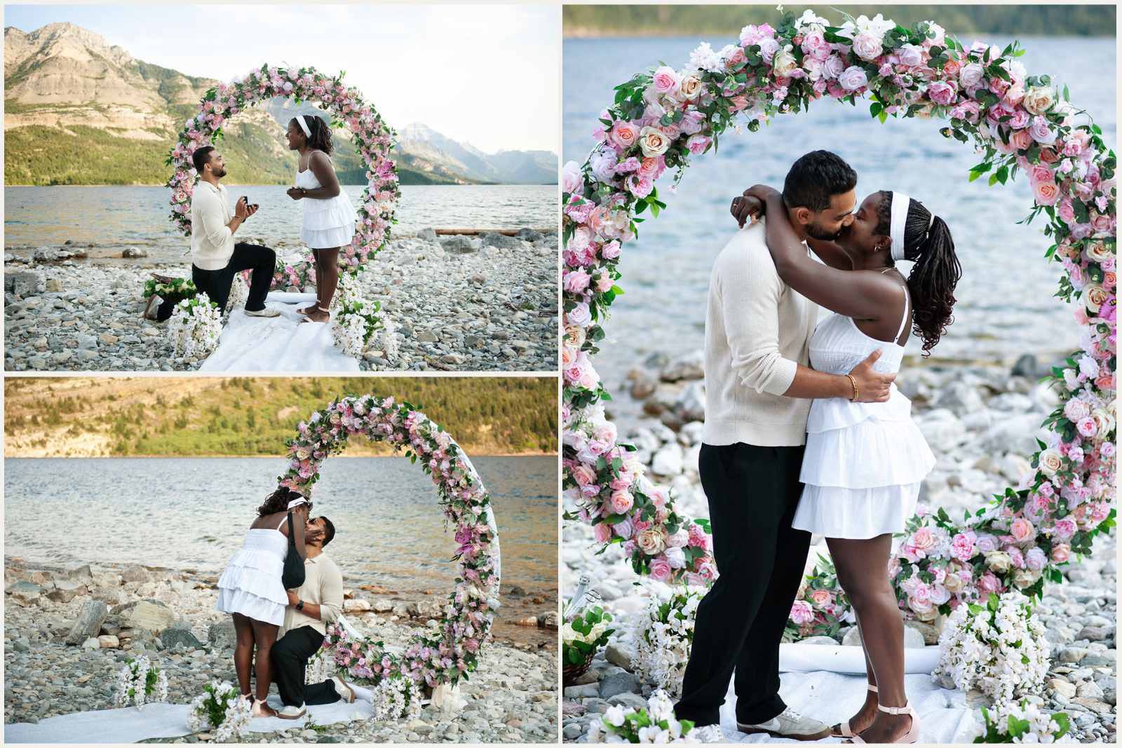 Engaged couple kiss at Waterton Lake surrounded by a floral arch and aisle decor