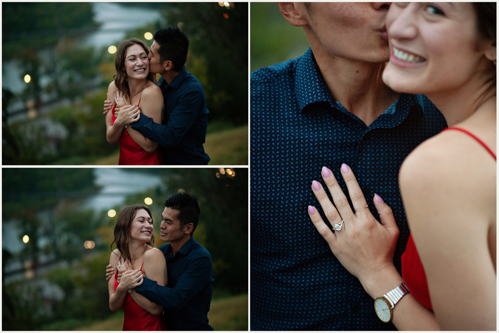 Couple's engagement shoot at Crescent Heights lookout in Calgary during a rainy summer evening