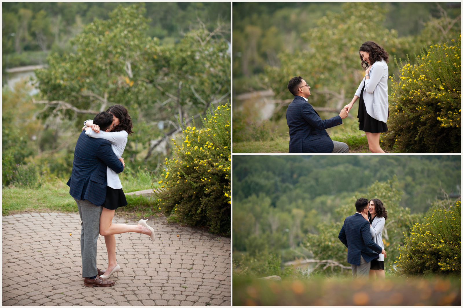 Man proposes to woman at Rotary Park Calgary surrounded by trees and nature